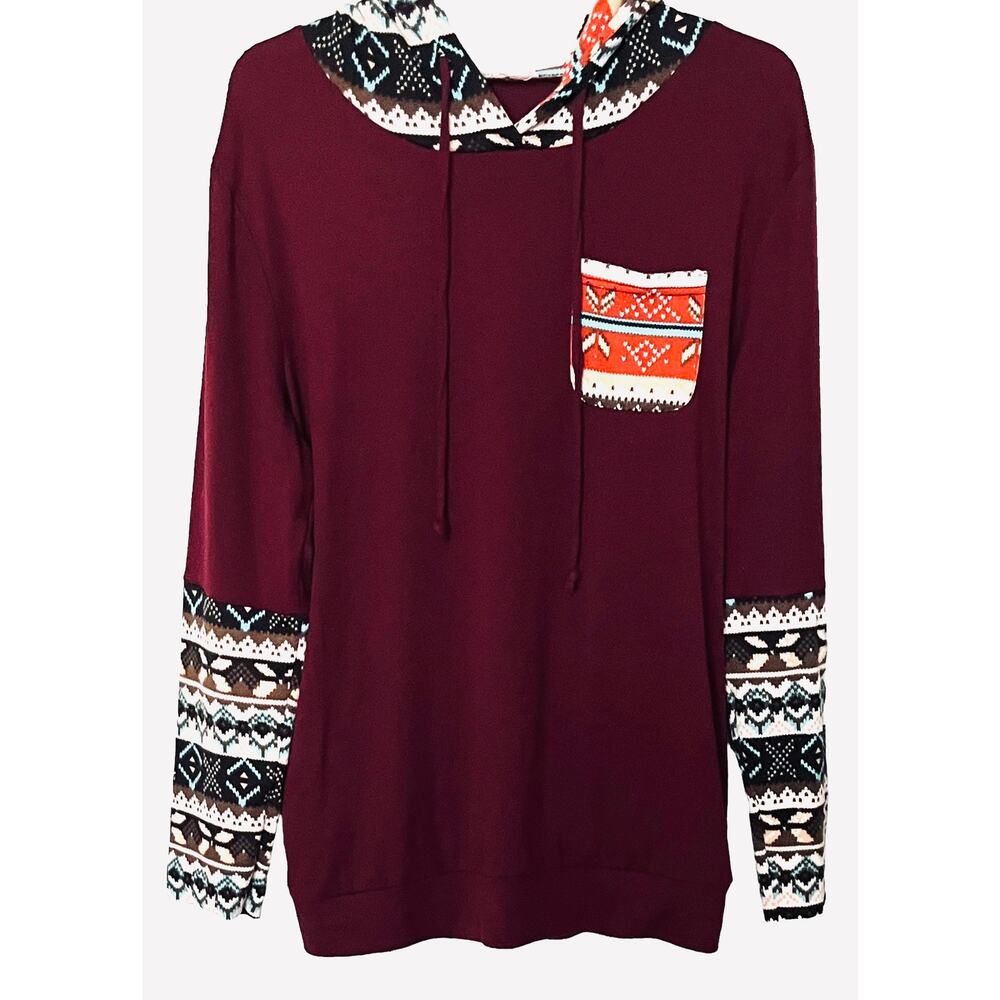 SUNGLORY LONG SLEEVE HOODIE, WOMENS, XL, BURGANDY + MULTICOLOR ACCENTS, POCKETS